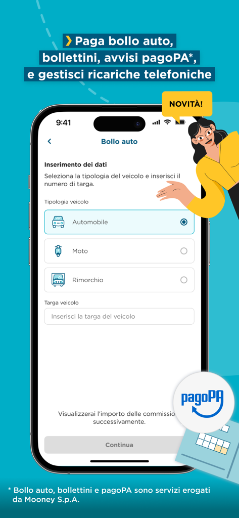 MooneyGo app interface for paying Italian car tax and managing vehicle fees