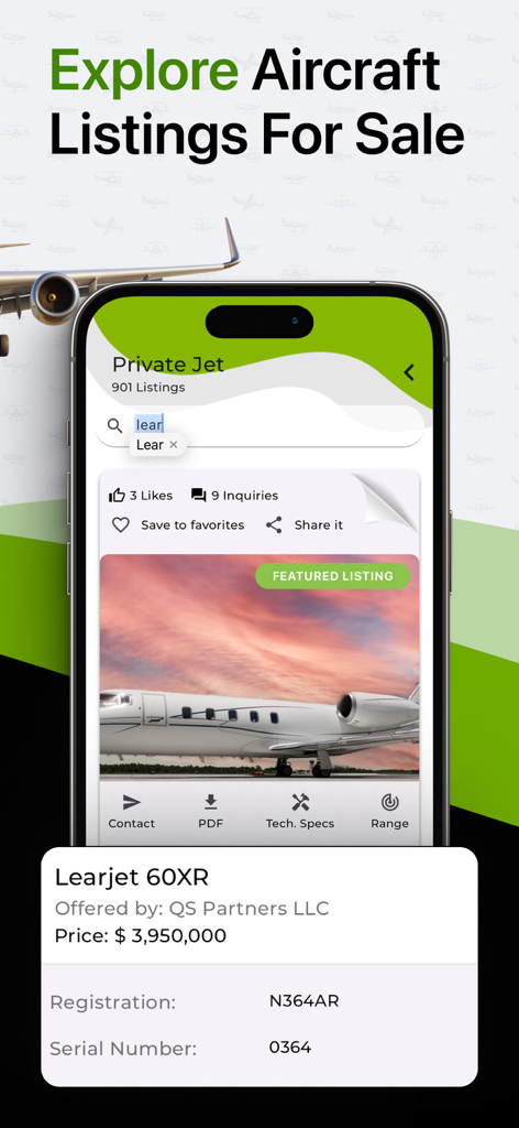 BuyPlane app interface showing a private jet listing with price and technical details