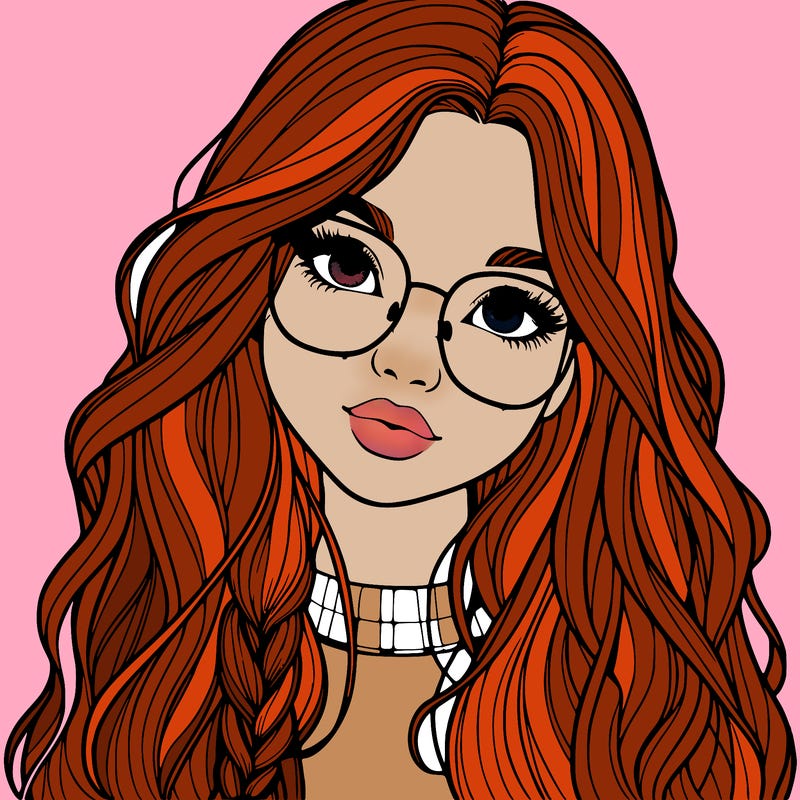 girl with long hair and freckles and glasses realistic