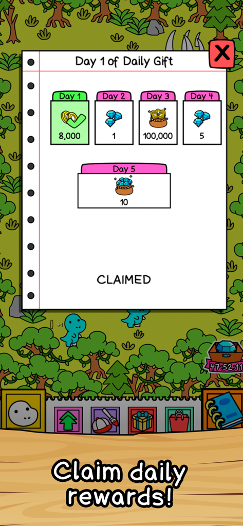 Dino Evolution: Dinosaur Game - 노트북 페이지에 코인과 보석이 표시된 디노 에볼루션의 일일 선물 보상 화면