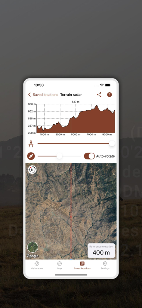 Terrain radar view showing an elevation profile graph and a satellite map for a saved location.