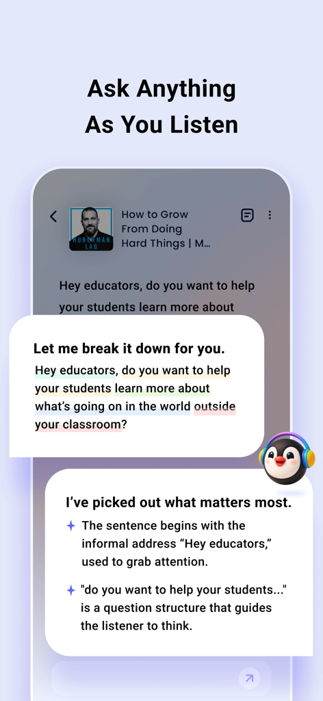 ListenLeap – Learn English - Tutor de IA explicando la estructura y el uso de oraciones en inglés en la aplicación ListenLeap.