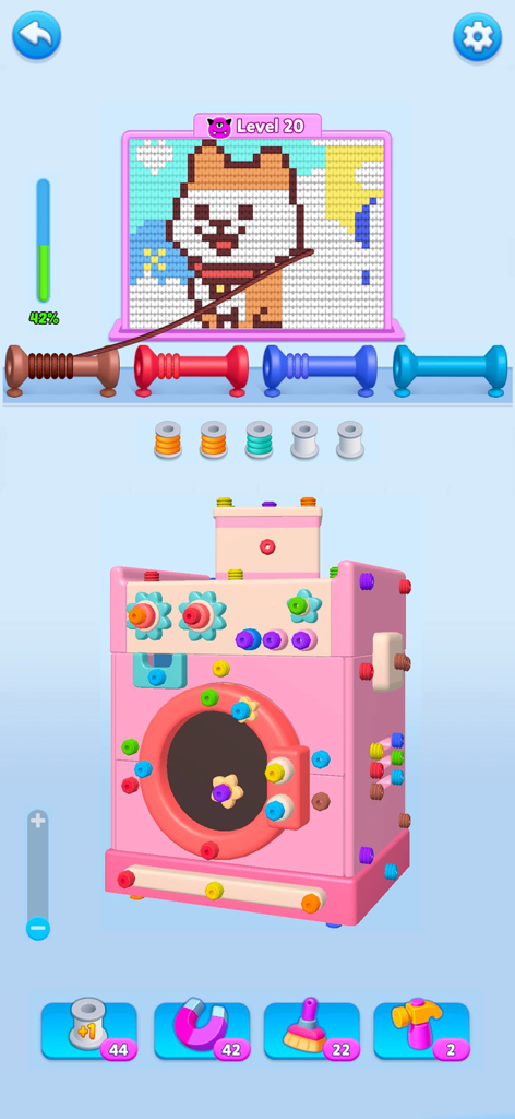 Schermata di gameplay di Wool Escape 3D che mostra una macchina puzzle 3D rosa e un dipinto pixel art di un cucciolo.