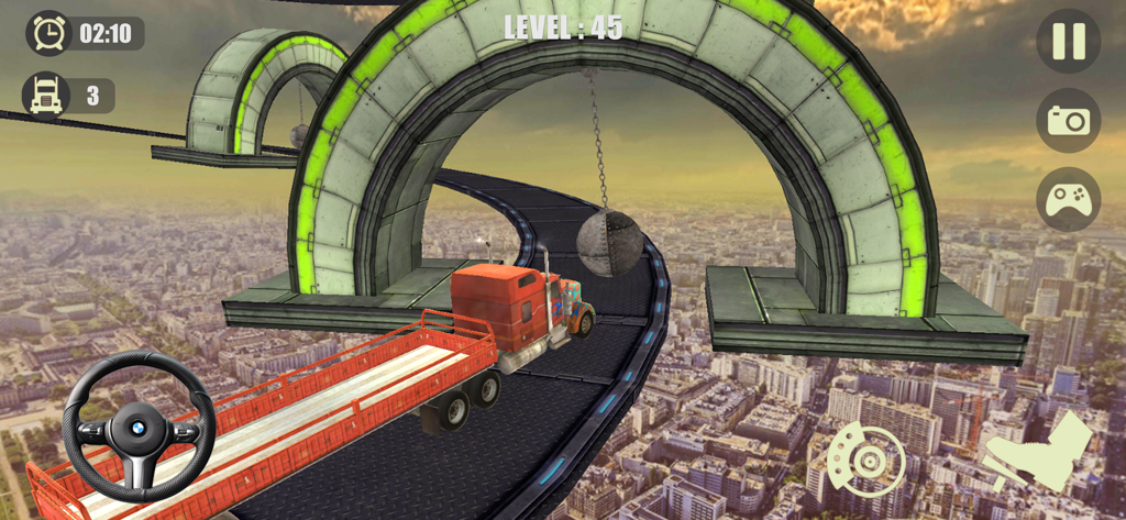 Heavy Truck Impossible Tracks - A red semi-truck navigating a narrow elevated track high above a city with swinging obstacles in a physics-based simulator