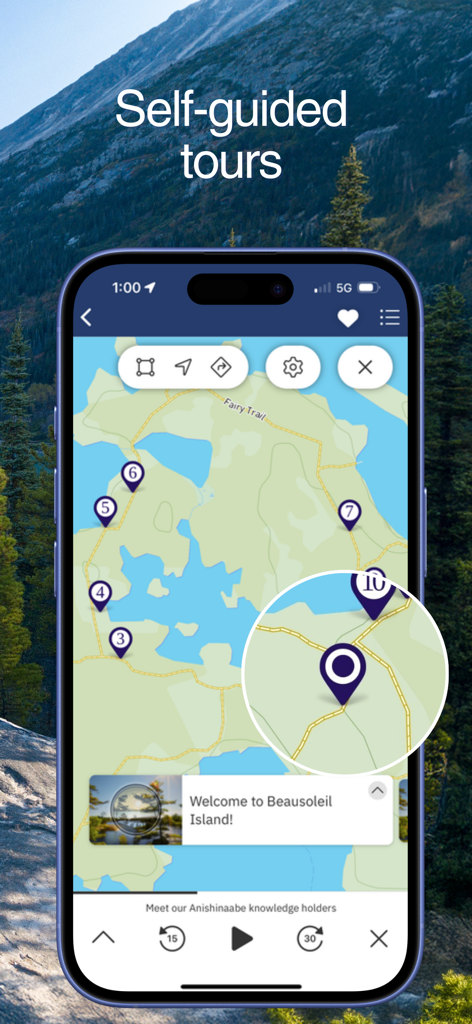 Parks Canada App - Mobiler Bildschirm der Parks Canada App, der eine interaktive Karte für eine selbstgeführte Tour auf Beausoleil Island anzeigt