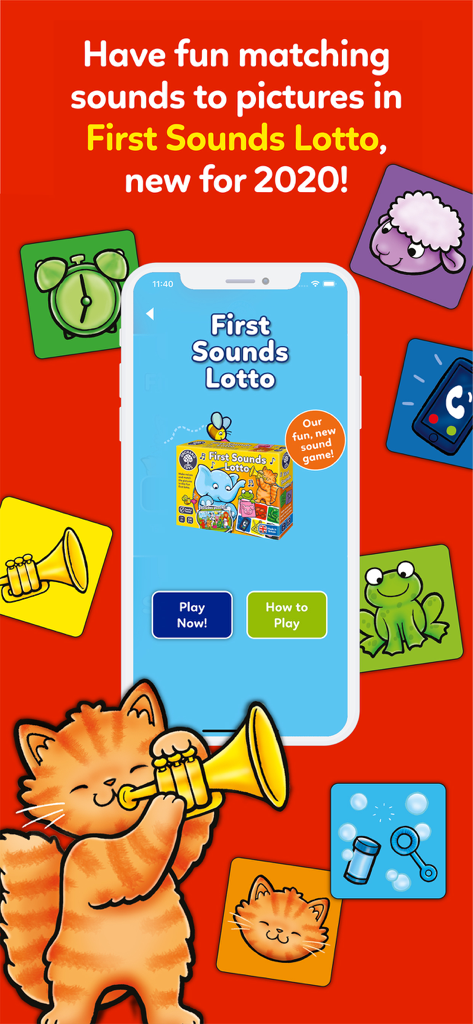 Orchard Toys - First Sounds Lotto game screen from the Orchard Toys app featuring interactive sound matching tiles