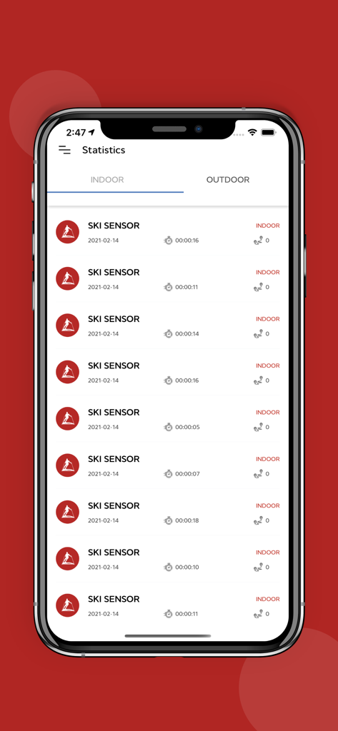 PRO SKI Sensor - PRO SKI Sensor app statistics screen showing a list of indoor ski sessions with dates and durations