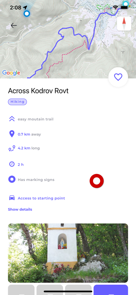 Monolit2Go - Monolit2Go app screen showing hiking trail details with a topographic map and route information for Across Kodrov Rovt