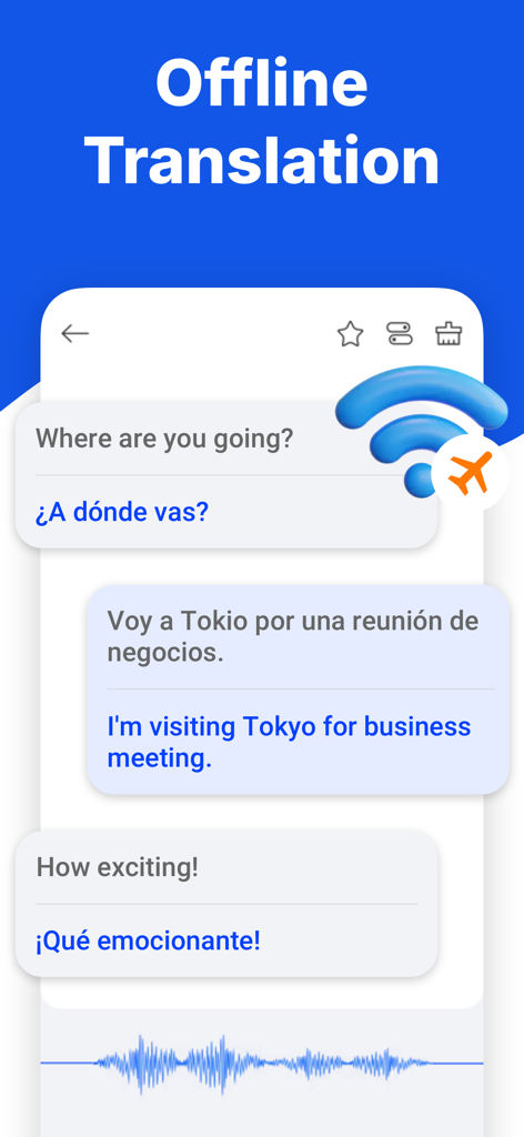 Mobile Benutzeroberfläche des KI-Übersetzers, die eine Offline-Textübersetzung zwischen Englisch und Spanisch im Chat-Format zeigt