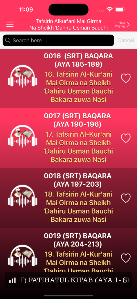 Tafsirin Hausa Ɗahiru Bauchi - Mobile app screen showing a list of Quran tafsir audio files in Hausa by Sheikh Dahiru Usman Bauchi