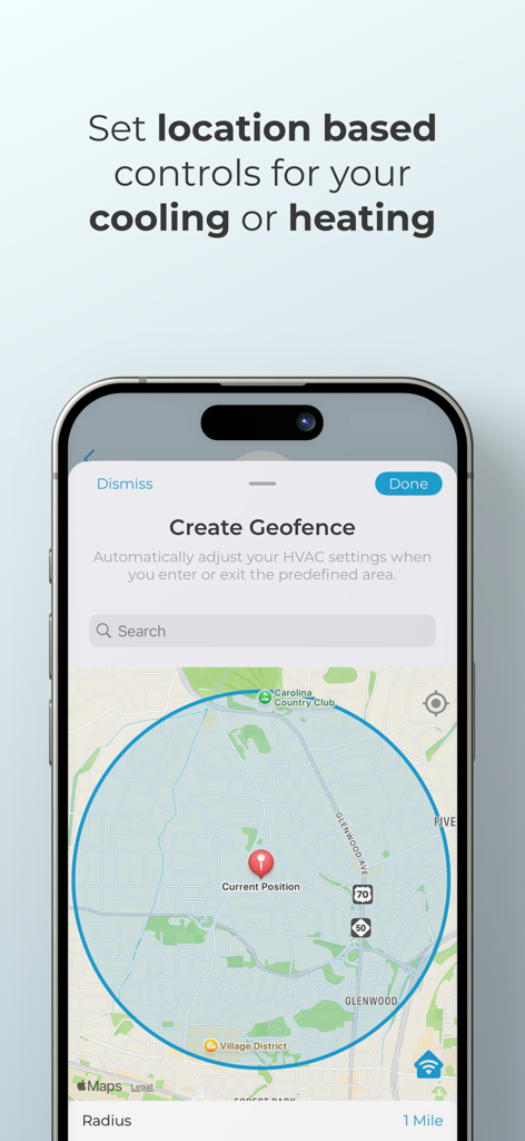 Cielo Home - Interfaz de la aplicación Cielo Home que muestra un mapa para configurar el geovallado para el control automatizado de HVAC