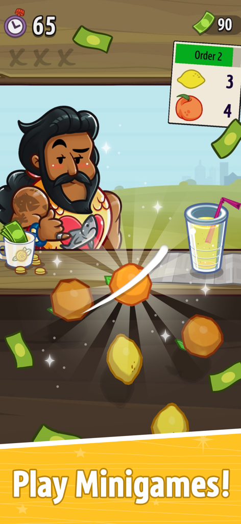 A fruit slicing minigame featuring a bearded character and lemons in AdVenture Capitalist