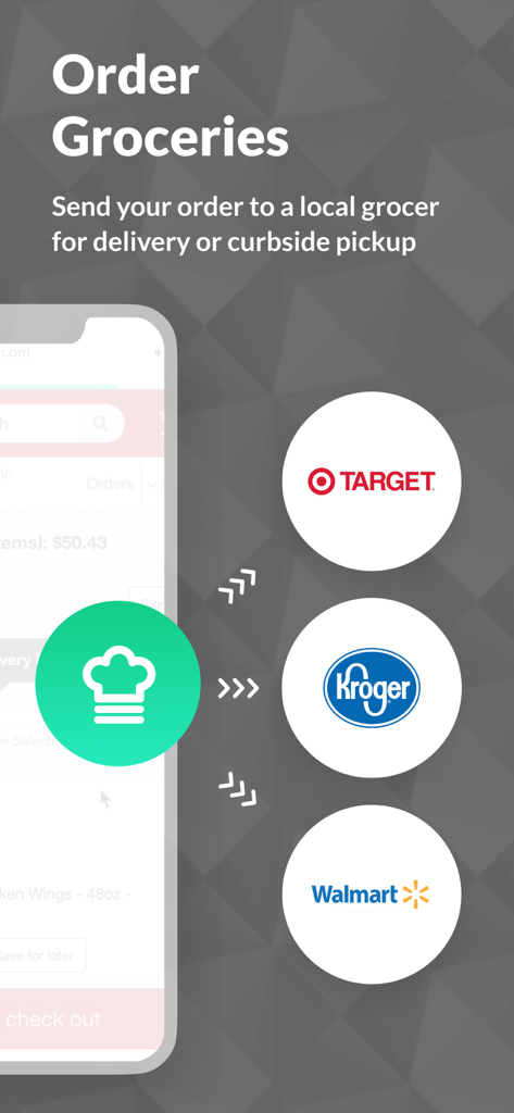 Cooklist app screen showing grocery ordering options for delivery and pickup from major retailers