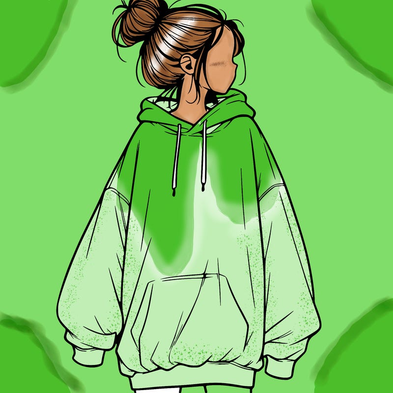 realistic girl with a oversized sweatshirt on and a bun