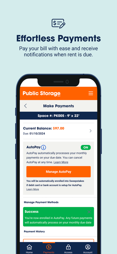 Public Storage - Public Storage app interface for managing bill payments and AutoPay settings