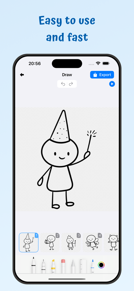Animation Kit - Draw Animation - L'interface de dessin de l'application Animation Kit montrant un croquis et une chronologie d'animation image par image