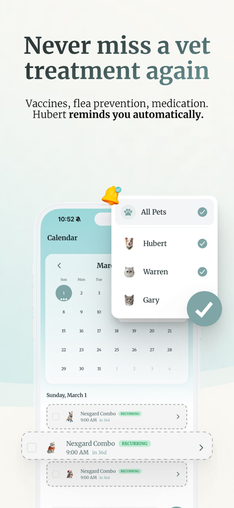 Hubert: Pet Health Tracker - Hubert pet health tracker app screen showing a calendar with medication and vaccine reminders for multiple pets