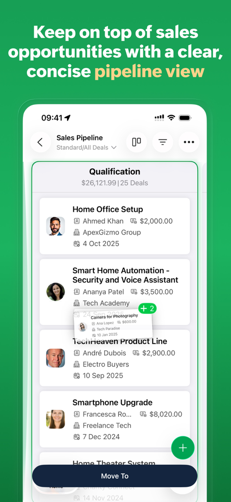 A mobile interface of Bigin by Zoho CRM showing a sales pipeline with categorized deal cards and lead details.