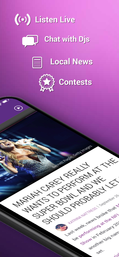 Die Benutzeroberfläche der Q92-Radio-App mit Funktionen wie Live hören, mit DJs chatten, lokale Nachrichten und Gewinnspiele mit einem Musiknachrichtenartikel.