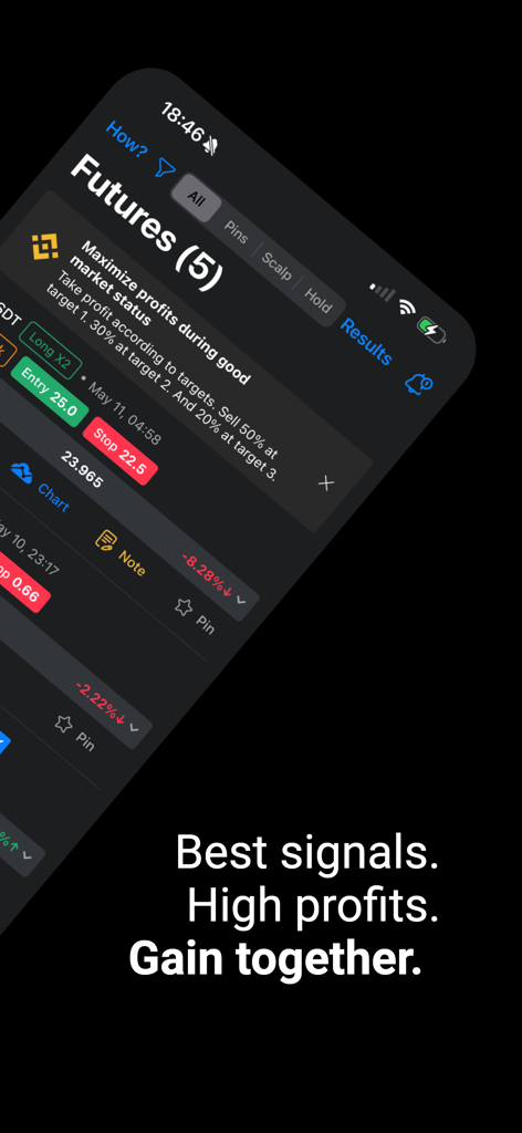 Interface of the Zyncas crypto trading app showing futures trading signals with entry and stop loss points