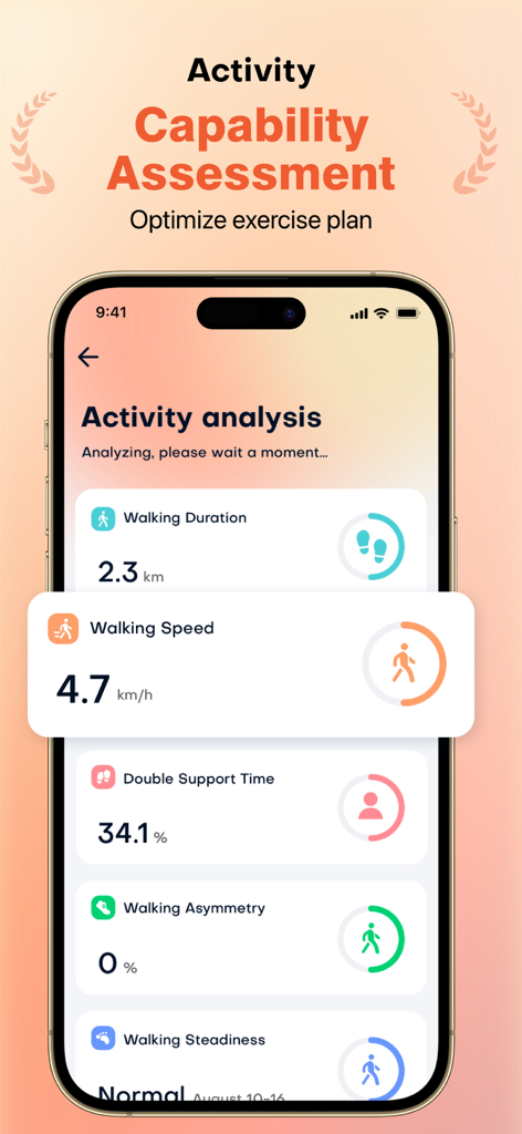 PulsePro app screen showing activity analysis with walking speed and steadiness metrics