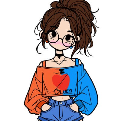 girl with a messy ponytail glasses a baggy crop top and jean shorts