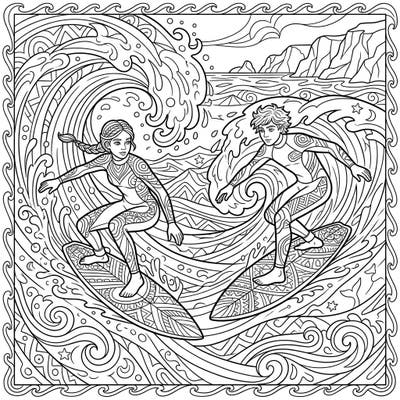 Dive into the excitement with this dynamic coloring page featuring two competitive teen surfers skillfully riding epic waves. Perfect for older kids and teens, this design captures the thrill of ocean sports and artistic expression.