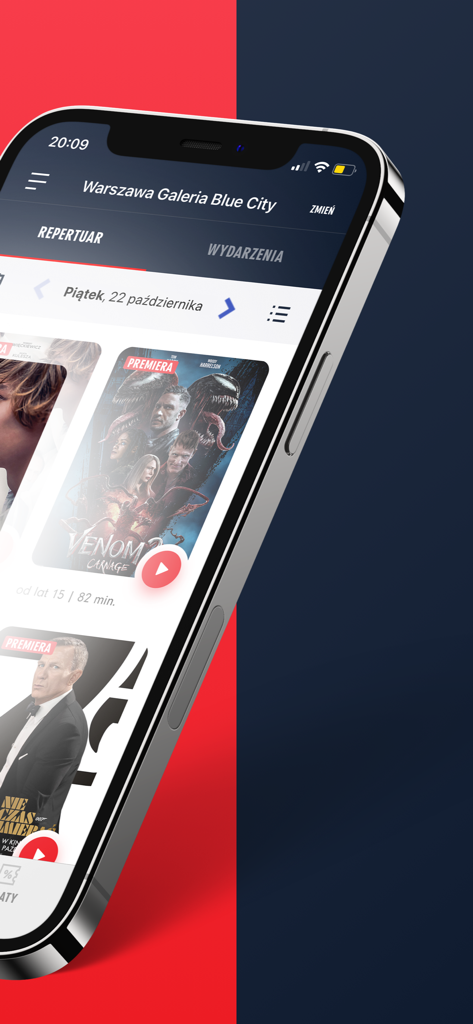 Kino Helios app screen showing the movie repertoire and posters