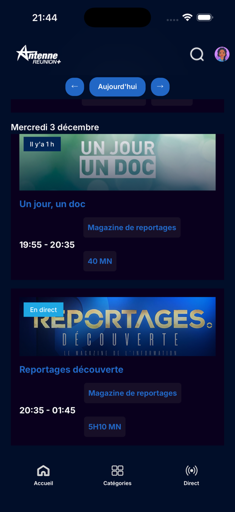 Interface du programme TV d'Antenne Reunion sur smartphone