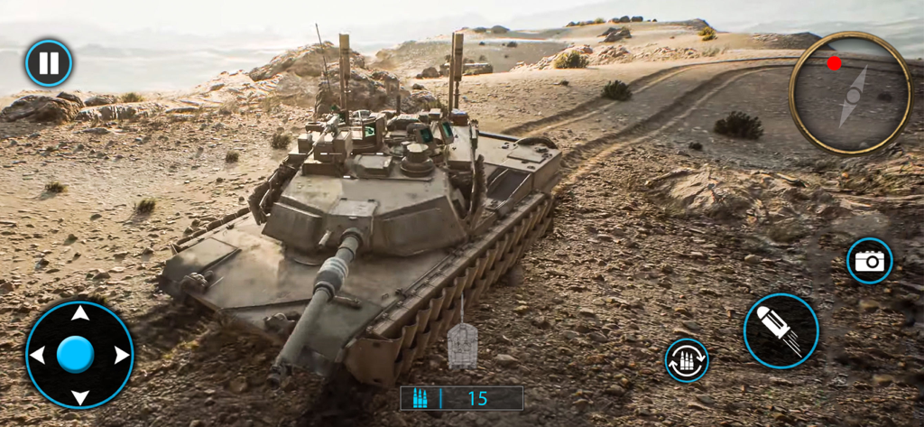 WW2 : Strike Hero War Games 3D - A 3D tank driving through a rocky desert terrain with mobile gaming controls.