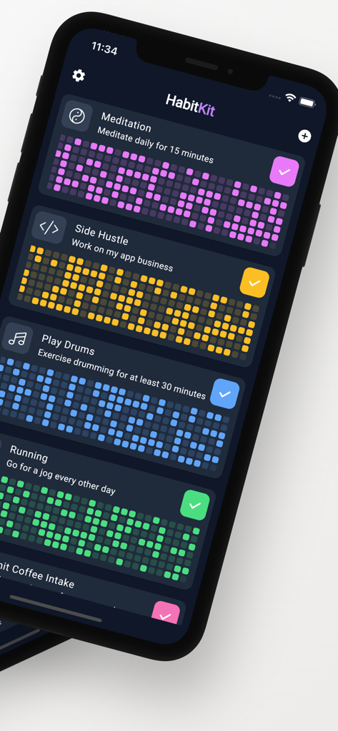 HabitKit app dashboard showing colorful grid charts for tracking multiple habits on an iPhone