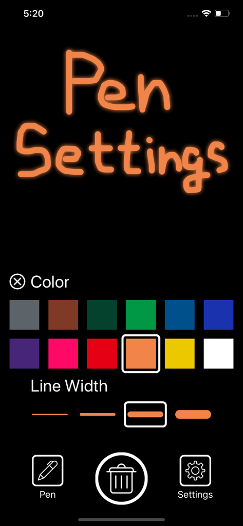 Writing Board app interface showing pen color and line thickness settings