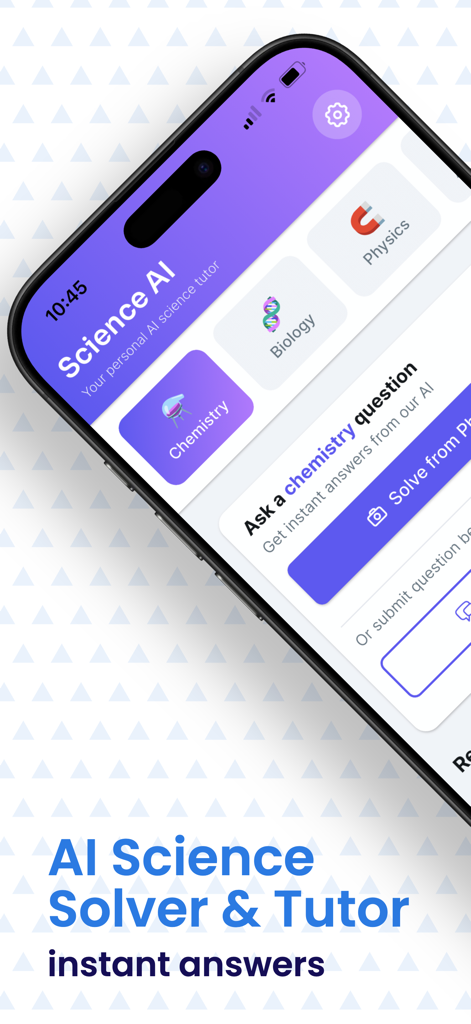 Interface of the Science AI app featuring options for chemistry biology and physics homework help