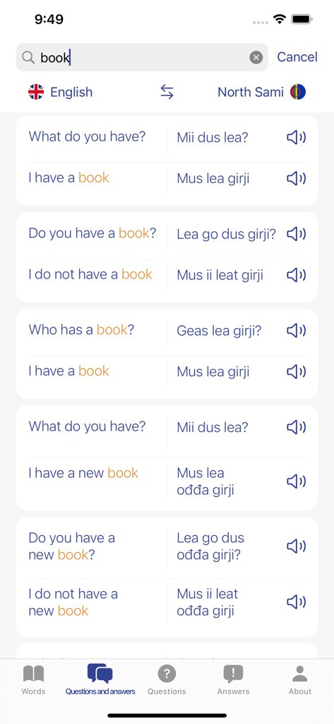 English to North Sami translation screen within the app showing conversational phrases and audio icons