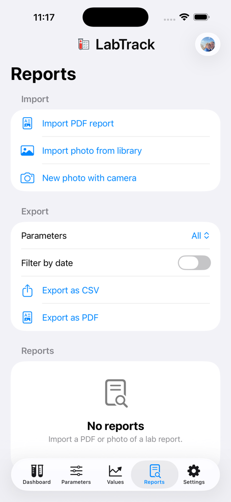 LabTrackGo - LabTrackGo app interface showing options to import PDF reports or photos and export health data as CSV or PDF.