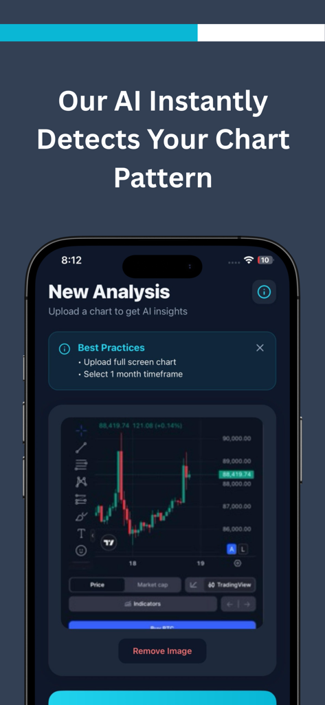 Snap Trade: Scan & Track - Interface do aplicativo Snap Trade mostrando análise de IA de uma captura de tela de gráfico de candlesticks de criptomoedas.