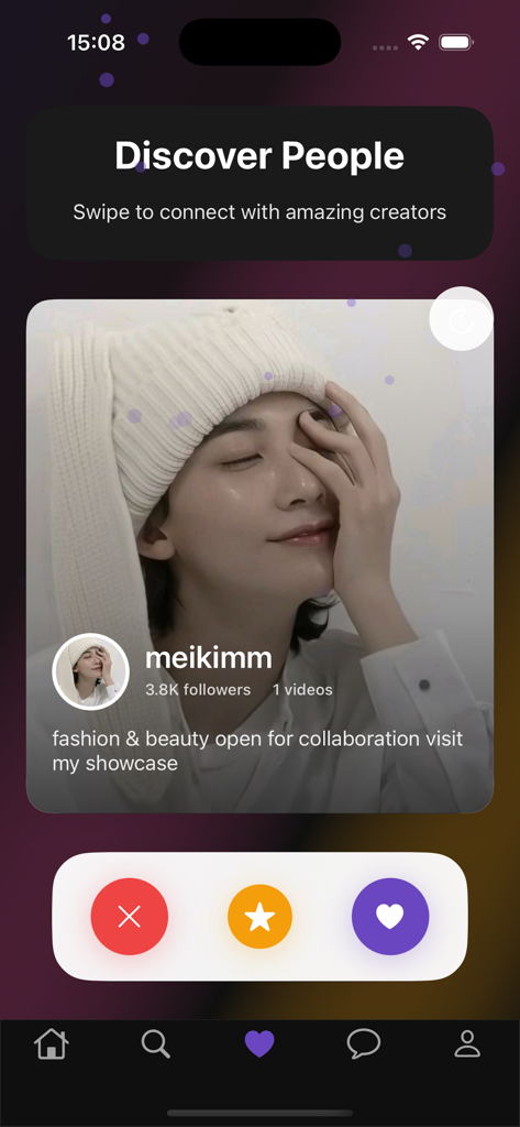 Raeppa - Mobile interface of Raeppa app showing the Discover People section with a profile card for a fashion influencer.