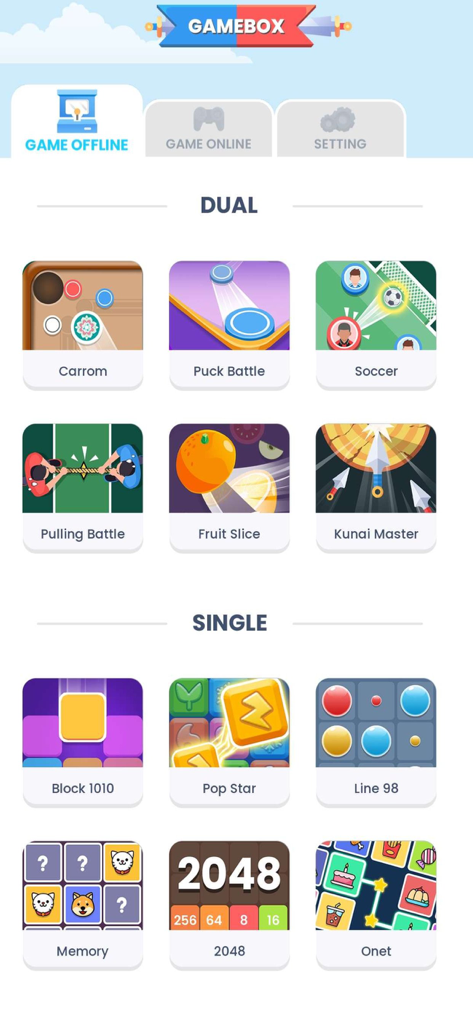 2 Player Game Box Online - Interface of 2 Player Game Box Online showing a menu of mini-games categorized into Dual and Single player modes