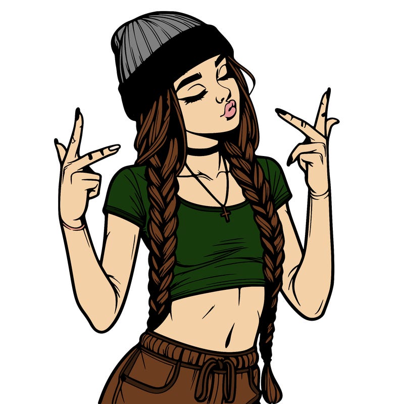 realistic teenage girl with braids and a beanie and crop top doing 🫶🏼