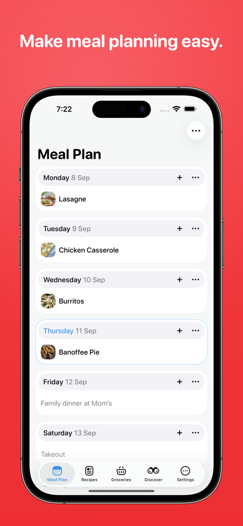 Weekly meal planning interface in the Crouton recipe manager app on iPhone