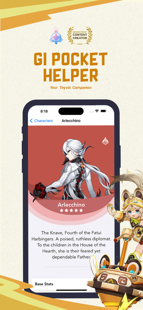 GI Pocket Helper - GI Pocket Helper app screen showing character information for Arlecchino from Genshin Impact