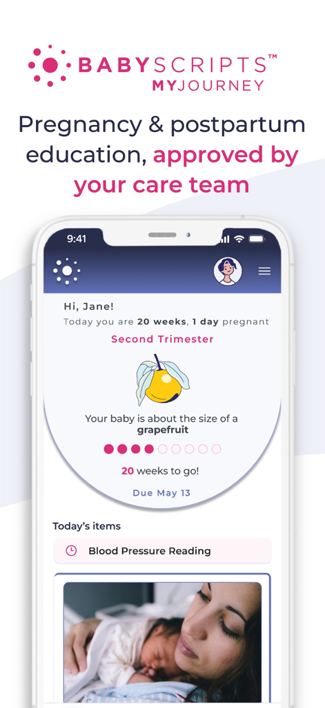 Babyscripts myJourney app home screen showing a 20-week pregnancy milestone with baby size compared to a grapefruit and a blood pressure task