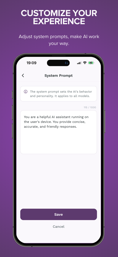 KernelAI - Interface of KernelAI app showing how to customize the system prompt to adjust the AI behavior and personality