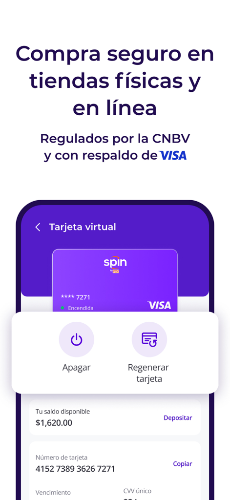 Interfaz de la app Spin by OXXO mostrando una tarjeta Visa virtual con el saldo de la cuenta y controles de seguridad