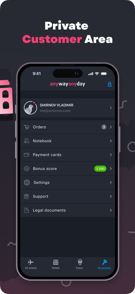 Anywayanyday: Flights & Hotels - Anywayanyday app private customer area showing user profile orders and loyalty bonus score