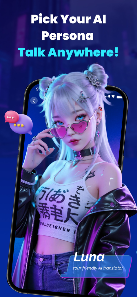 Mobile app screen showing Luna, a stylized AI persona character for voice translation.
