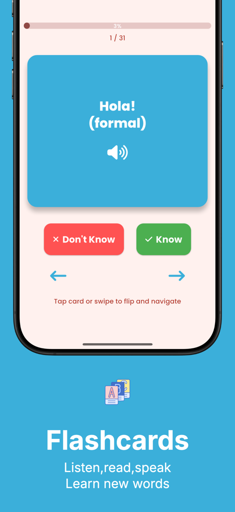 Interfaz de tarjeta de memoria de la aplicación de aprendizaje de idiomas catalán que muestra un saludo formal con audio y seguimiento del progreso.