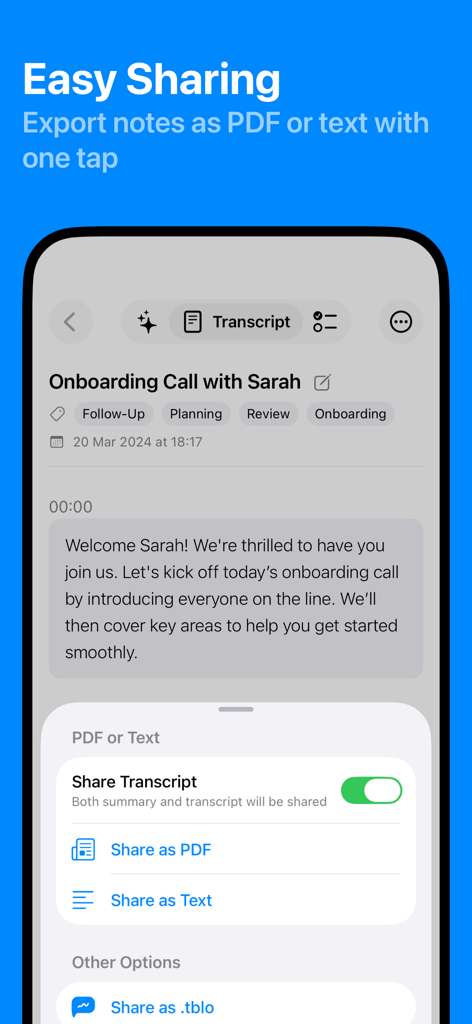 Interface de l'application Tablo montrant les options de partage de transcription de réunion au format PDF ou texte