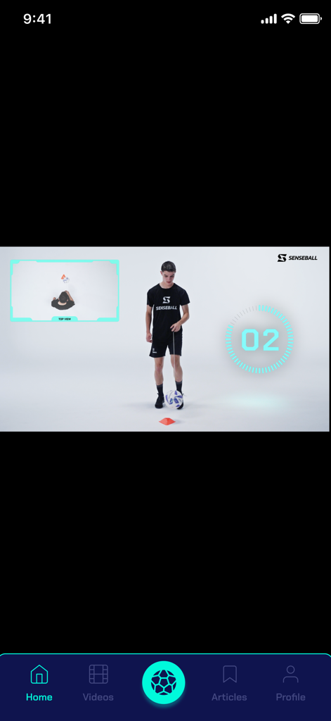 A youth athlete performing a guided soccer drill in the SenseBall app with a countdown timer
