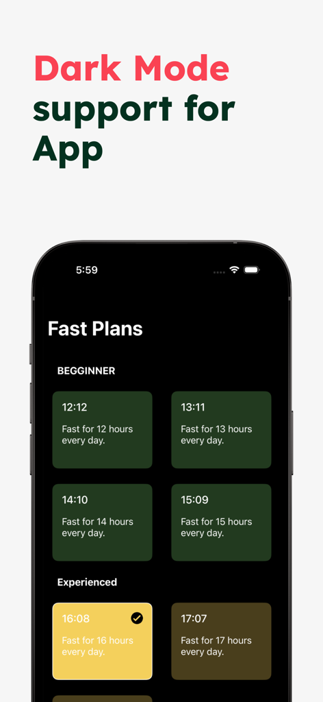 Easy Fast - Fasting Tracker - Interface de l'application Easy Fast montrant des plans de jeûne intermittent en mode sombre